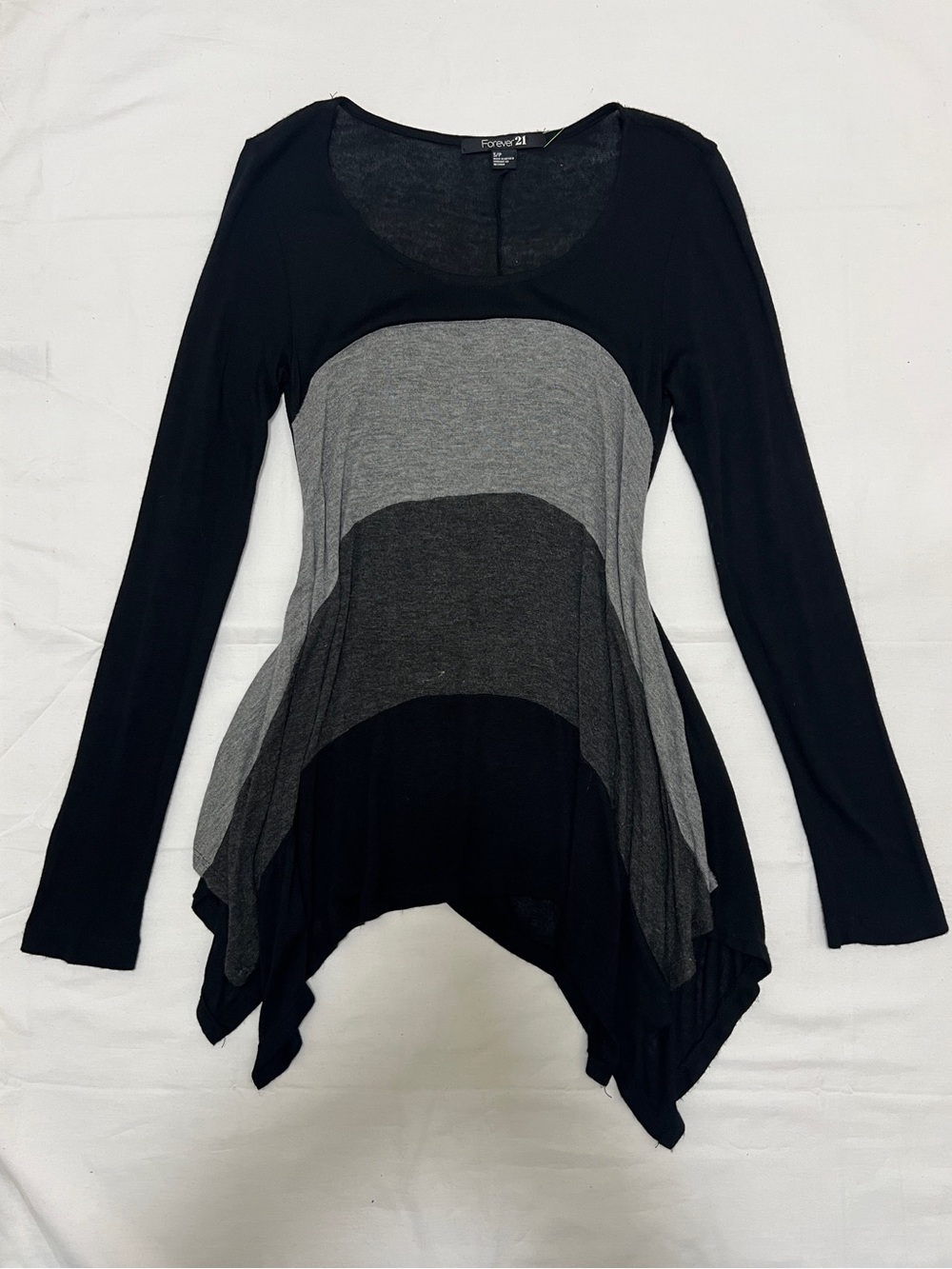 Forever 21 Black and Gray Colorblock Long Sleeve Top with Asymmetrical Hem
